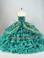 Turquoise Satin and Organza Lace Up Sweetheart Sleeveless Quinceanera Gowns Brush Train Embroidery and Ruffled Layers