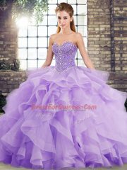 Sweetheart Sleeveless Tulle Vestidos de Quinceanera Beading and Ruffles Brush Train Lace Up