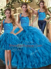 Blue Three Pieces Halter Top Sleeveless Tulle Floor Length Lace Up Ruffles Quinceanera Dresses