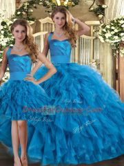 Blue Three Pieces Halter Top Sleeveless Tulle Floor Length Lace Up Ruffles Quinceanera Dresses