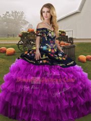 Unique Sleeveless Organza Floor Length Lace Up Quinceanera Gowns in Black And Purple with Embroidery and Ruffled Layers