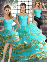 Nice Aqua Blue Three Pieces Tulle Off The Shoulder Sleeveless Beading and Ruffled Layers Floor Length Lace Up Quinceanera Gown