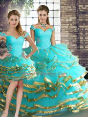 Nice Aqua Blue Three Pieces Tulle Off The Shoulder Sleeveless Beading and Ruffled Layers Floor Length Lace Up Quinceanera Gown