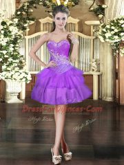 New Style Purple Organza Lace Up Prom Dress Sleeveless Mini Length Beading and Ruffled Layers