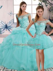 Aqua Blue Three Pieces Tulle Off The Shoulder Sleeveless Beading and Ruffles Floor Length Lace Up Quinceanera Dresses