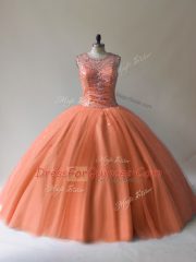 Floor Length Orange Vestidos de Quinceanera Tulle Sleeveless Beading