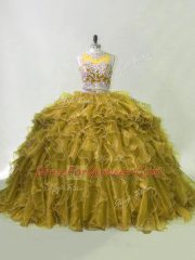 Superior Olive Green Zipper Scoop Beading and Ruffles Sweet 16 Quinceanera Dress Organza Sleeveless Brush Train