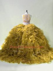 Superior Olive Green Zipper Scoop Beading and Ruffles Sweet 16 Quinceanera Dress Organza Sleeveless Brush Train