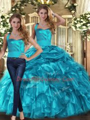 Custom Designed Halter Top Sleeveless Lace Up Sweet 16 Dress Teal Organza
