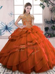 Simple Orange Sleeveless Organza Lace Up Quinceanera Gowns for Sweet 16 and Quinceanera