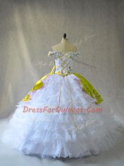 Ball Gowns 15th Birthday Dress White Off The Shoulder Organza Sleeveless Floor Length Lace Up