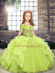 Fancy Yellow Green Sleeveless Organza Lace Up Little Girls Pageant Gowns for Party and Wedding Party