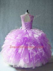 Lilac Ball Gowns Organza Scoop Sleeveless Beading and Ruffles Floor Length Lace Up Sweet 16 Dresses