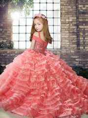 Organza Sleeveless Little Girl Pageant Gowns Brush Train and Beading and Ruffled Layers