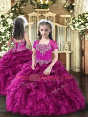 Attractive Floor Length Lace Up Little Girls Pageant Gowns Fuchsia for Party and Wedding Party with Beading and Ruffles