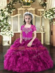 Attractive Floor Length Lace Up Little Girls Pageant Gowns Fuchsia for Party and Wedding Party with Beading and Ruffles