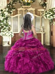 Attractive Floor Length Lace Up Little Girls Pageant Gowns Fuchsia for Party and Wedding Party with Beading and Ruffles
