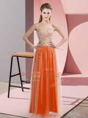 Orange Red Sleeveless Floor Length Beading Lace Up Evening Dress