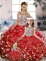 Hot Sale Scoop Sleeveless Organza Quince Ball Gowns Beading and Ruffles Lace Up