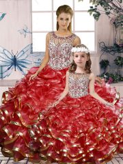 Hot Sale Scoop Sleeveless Organza Quince Ball Gowns Beading and Ruffles Lace Up