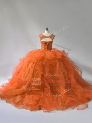Luxurious Scoop Sleeveless Organza Quinceanera Gowns Ruffles Brush Train Lace Up