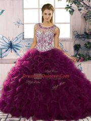 Ideal Floor Length Dark Purple Quinceanera Gown Organza Sleeveless Beading and Ruffles