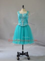 Latest Turquoise A-line Beading Evening Dress Zipper Tulle Sleeveless Mini Length