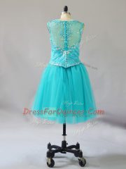 Latest Turquoise A-line Beading Evening Dress Zipper Tulle Sleeveless Mini Length