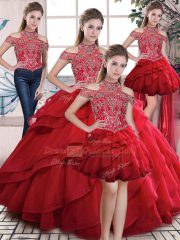 Red Lace Up Quinceanera Gowns Beading and Ruffles Sleeveless Floor Length