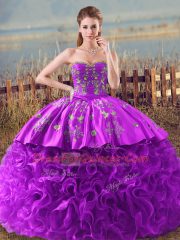 Eggplant Purple and Purple Fabric With Rolling Flowers Lace Up Sweetheart Sleeveless 15th Birthday Dress Brush Train Embroidery and Ruffles