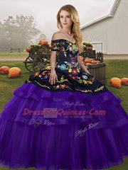 Black And Purple Ball Gowns Tulle Off The Shoulder Sleeveless Embroidery and Ruffled Layers Lace Up Ball Gown Prom Dress Brush Train