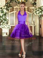 Purple Tulle Lace Up Prom Dress Sleeveless Mini Length Ruffled Layers
