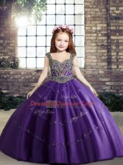 Admirable Floor Length Purple Kids Formal Wear Tulle Sleeveless Beading