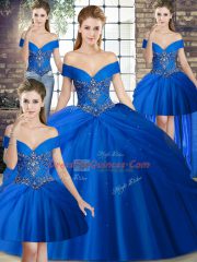 Elegant Sleeveless Tulle Brush Train Lace Up Quince Ball Gowns in Royal Blue with Beading and Pick Ups