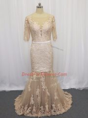 Shining Champagne Half Sleeves Brush Train Lace and Appliques Evening Dress