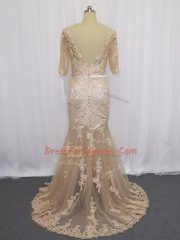Shining Champagne Half Sleeves Brush Train Lace and Appliques Evening Dress