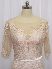 Shining Champagne Half Sleeves Brush Train Lace and Appliques Evening Dress