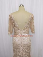 Shining Champagne Half Sleeves Brush Train Lace and Appliques Evening Dress