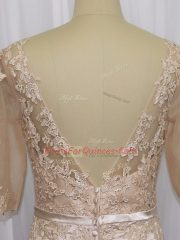 Shining Champagne Half Sleeves Brush Train Lace and Appliques Evening Dress