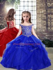 Trendy Royal Blue Organza Lace Up Off The Shoulder Sleeveless Floor Length Kids Formal Wear Beading