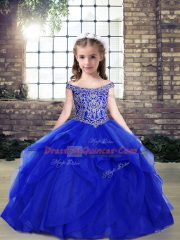 Trendy Royal Blue Organza Lace Up Off The Shoulder Sleeveless Floor Length Kids Formal Wear Beading