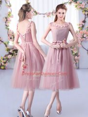 Top Selling Pink Scoop Neckline Appliques and Belt Dama Dress for Quinceanera Sleeveless Lace Up