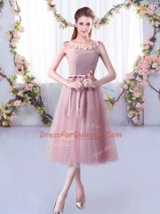 Top Selling Pink Scoop Neckline Appliques and Belt Dama Dress for Quinceanera Sleeveless Lace Up