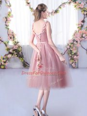 Top Selling Pink Scoop Neckline Appliques and Belt Dama Dress for Quinceanera Sleeveless Lace Up