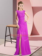 Sleeveless Chiffon Floor Length Zipper Womens Party Dresses in Fuchsia with Beading