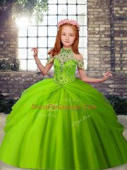 Excellent Halter Top Sleeveless Girls Pageant Dresses Floor Length Beading Tulle