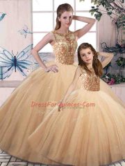 Hot Selling Gold Scoop Lace Up Beading Ball Gown Prom Dress Sleeveless
