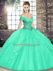 Apple Green Lace Up Off The Shoulder Beading and Ruffles Sweet 16 Quinceanera Dress Tulle Sleeveless