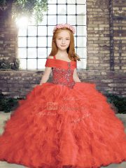 Red Lace Up Straps Beading Little Girl Pageant Gowns Tulle Sleeveless