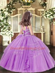 Straps Sleeveless Kids Pageant Dress Floor Length Beading Peach Tulle